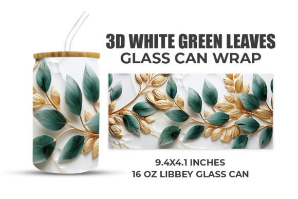 3D White Green Leaves Glass Can Wrap