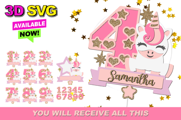 Unicorn Numbers Topper 3D SVG for Creative Projects